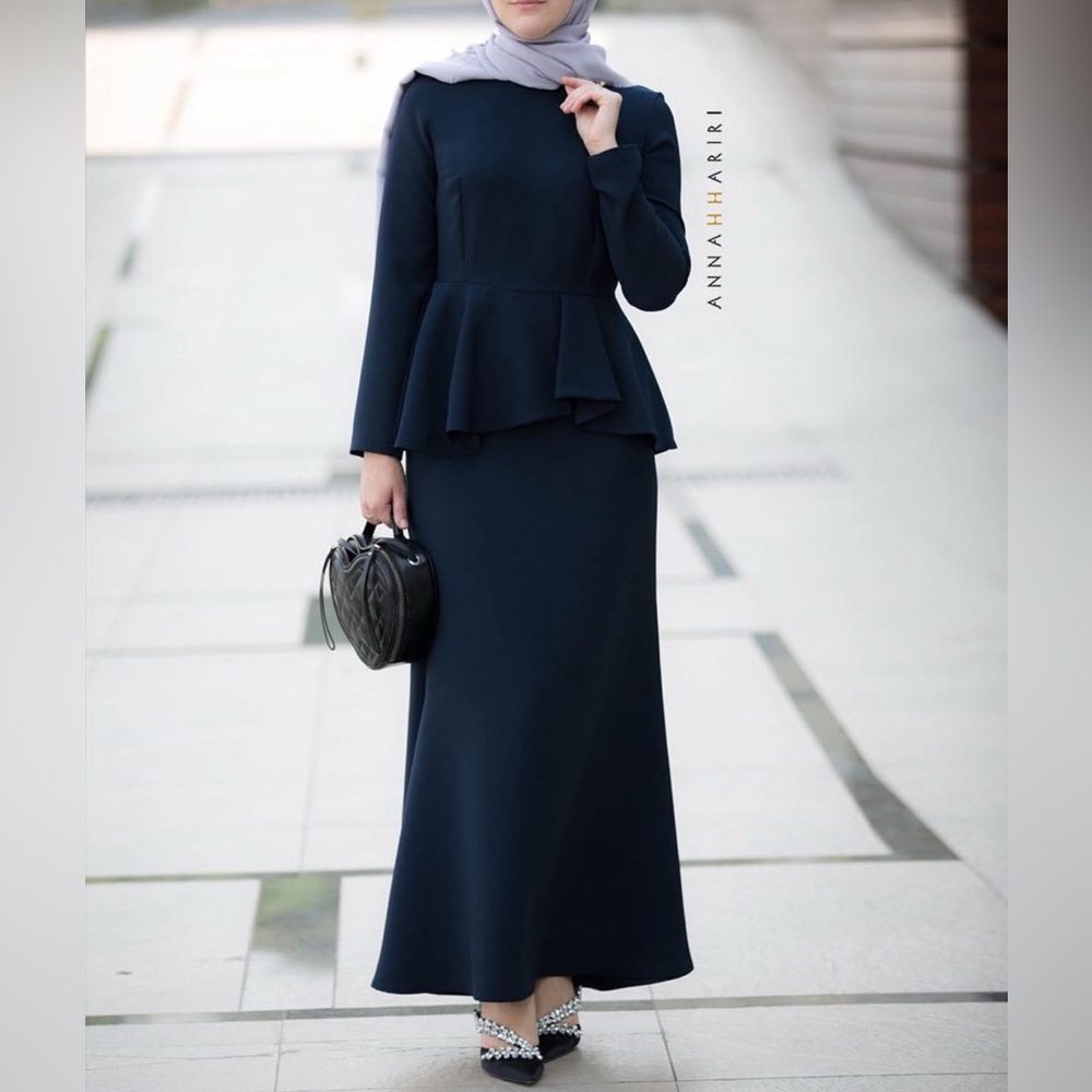 Annah Hariri peplum dress maxi dress navy blue Abaya Islamic modest dress